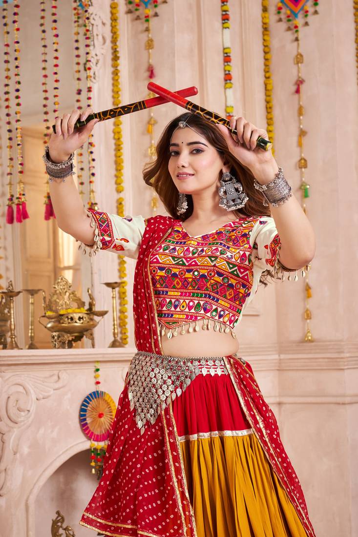 MULTICOLOR EMBROIDERED & MIRROR WORK VISCOSE COTTON TRADITIONAL NAVRATRI FESTIVAL GARBA STITCHED LEHENGA CHOLI