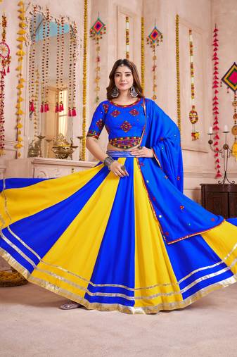 BLUE MULTICOLOR EMBROIDERED & MIRROR WORK VISCOSE COTTON TRADITIONAL NAVRATRI FESTIVAL GARBA STITCHED LEHENGA CHOLI