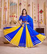 BLUE MULTICOLOR EMBROIDERED & MIRROR WORK VISCOSE COTTON TRADITIONAL NAVRATRI FESTIVAL GARBA STITCHED LEHENGA CHOLI