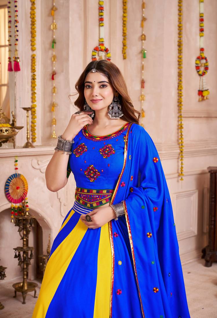 BLUE MULTICOLOR EMBROIDERED & MIRROR WORK VISCOSE COTTON TRADITIONAL NAVRATRI FESTIVAL GARBA STITCHED LEHENGA CHOLI