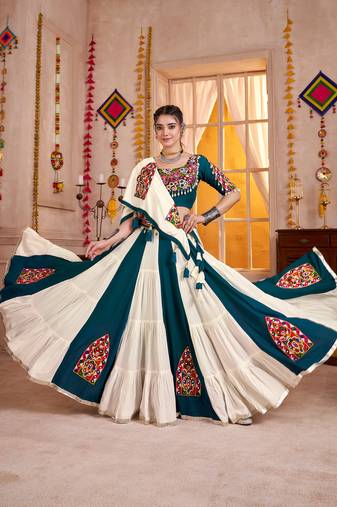 WHITE TEAL BLUE EMBROIDERED & MIRROR WORK VISCOSE COTTON TRADITIONAL NAVRATRI FESTIVAL GARBA STITCHED LEHENGA CHOLI