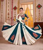 WHITE TEAL BLUE EMBROIDERED & MIRROR WORK VISCOSE COTTON TRADITIONAL NAVRATRI FESTIVAL GARBA STITCHED LEHENGA CHOLI