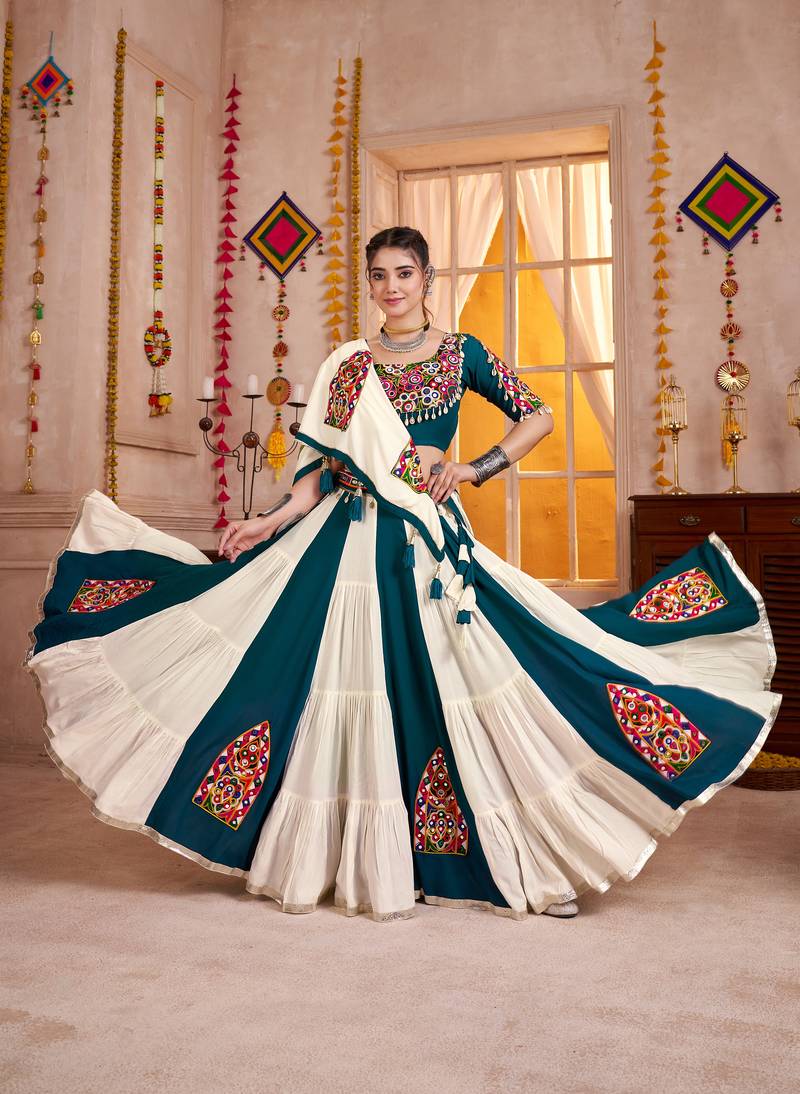 WHITE TEAL BLUE EMBROIDERED & MIRROR WORK VISCOSE COTTON TRADITIONAL NAVRATRI FESTIVAL GARBA STITCHED LEHENGA CHOLI