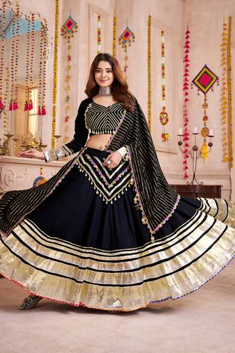 BLACK GAMTHI LACE & LAMPI KODI WORK VISCOSE COTTON TRADITIONAL NAVRATRI FESTIVAL STITCHED LEHENGA CHOLI