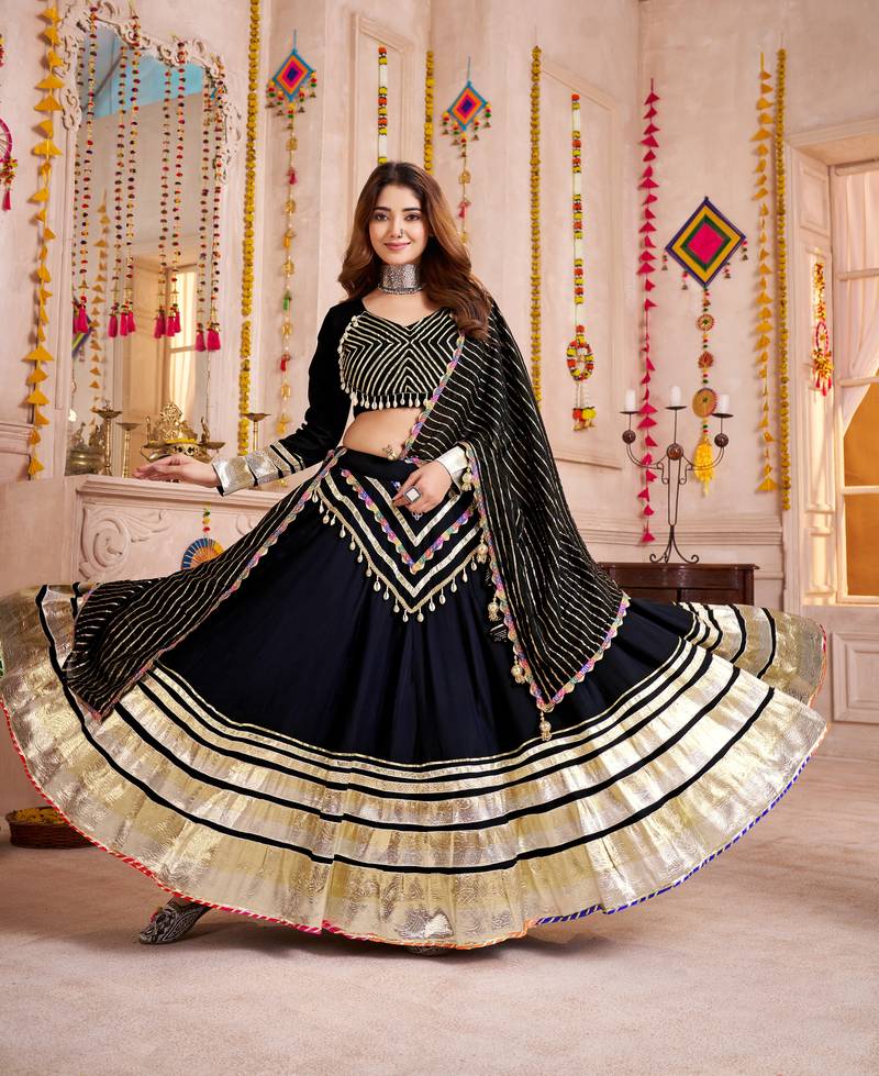 BLACK GAMTHI LACE & LAMPI KODI WORK VISCOSE COTTON TRADITIONAL NAVRATRI FESTIVAL STITCHED LEHENGA CHOLI