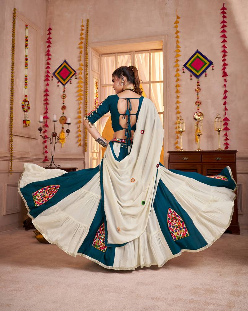 WHITE TEAL BLUE EMBROIDERED & MIRROR WORK VISCOSE COTTON TRADITIONAL NAVRATRI FESTIVAL GARBA STITCHED LEHENGA CHOLI