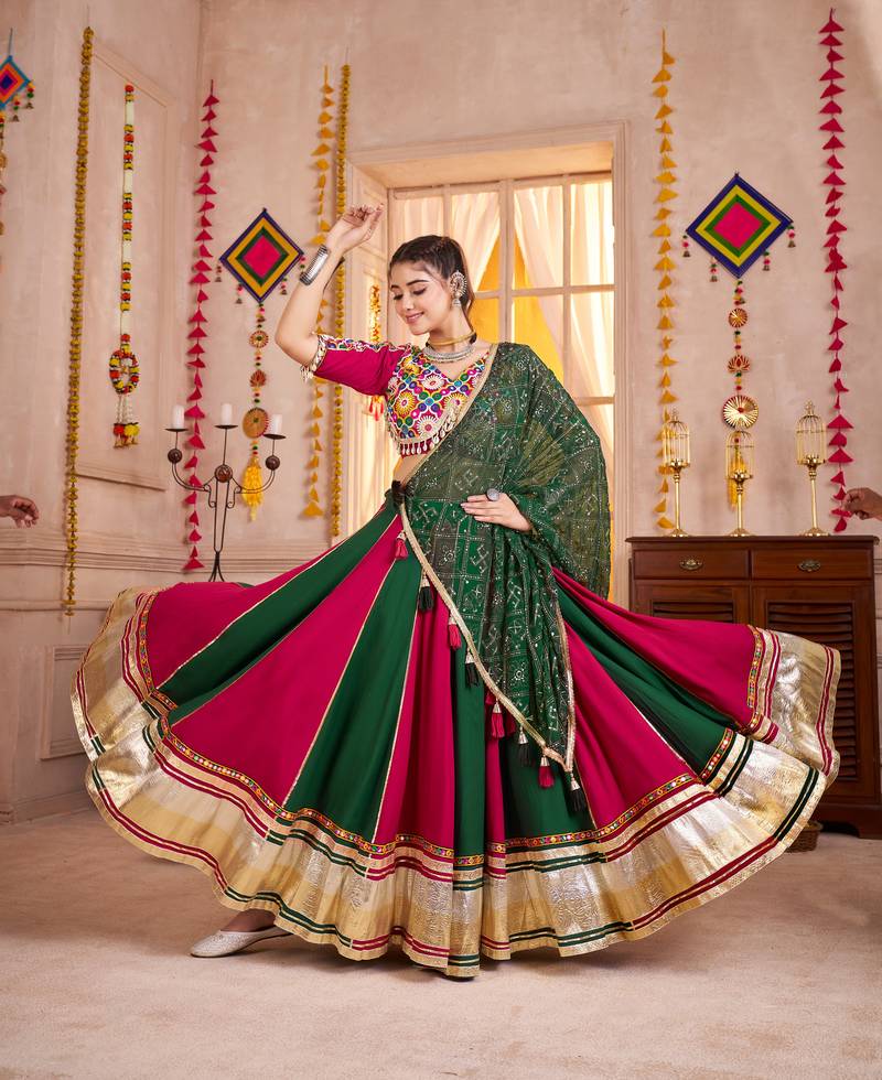 MAROON GREEN EMBROIDERED & MIRROR WORK VISCOSE COTTON TRADITIONAL NAVRATRI FESTIVAL GARBA STITCHED LEHENGA CHOLI