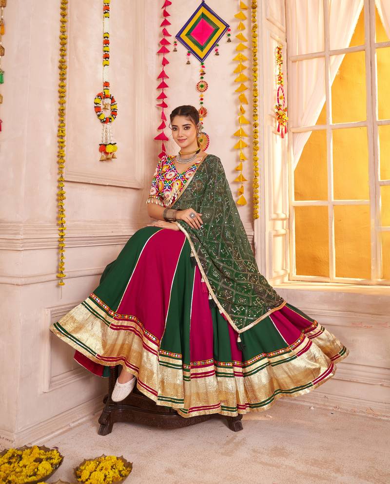 MAROON GREEN EMBROIDERED & MIRROR WORK VISCOSE COTTON TRADITIONAL NAVRATRI FESTIVAL GARBA STITCHED LEHENGA CHOLI