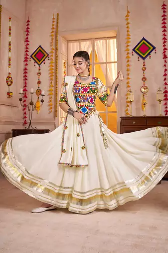 WHITE EMBROIDERED & MIRROR WORK VISCOSE COTTON TRADITIONAL NAVRATRI FESTIVAL GARBA STITCHED LEHENGA CHOLI