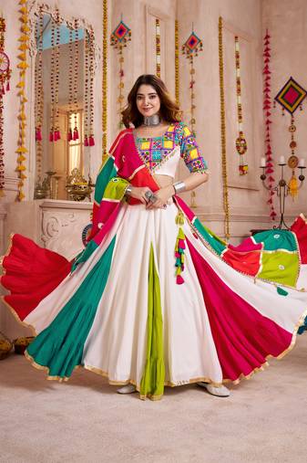 WHITE MULTICOLOR THREAD EMBROIDERED & MIRROR WORK VISCOSE COTTON TRADITIONAL NAVRATRI FESTIVAL STITCHED LEHENGA CHOLI