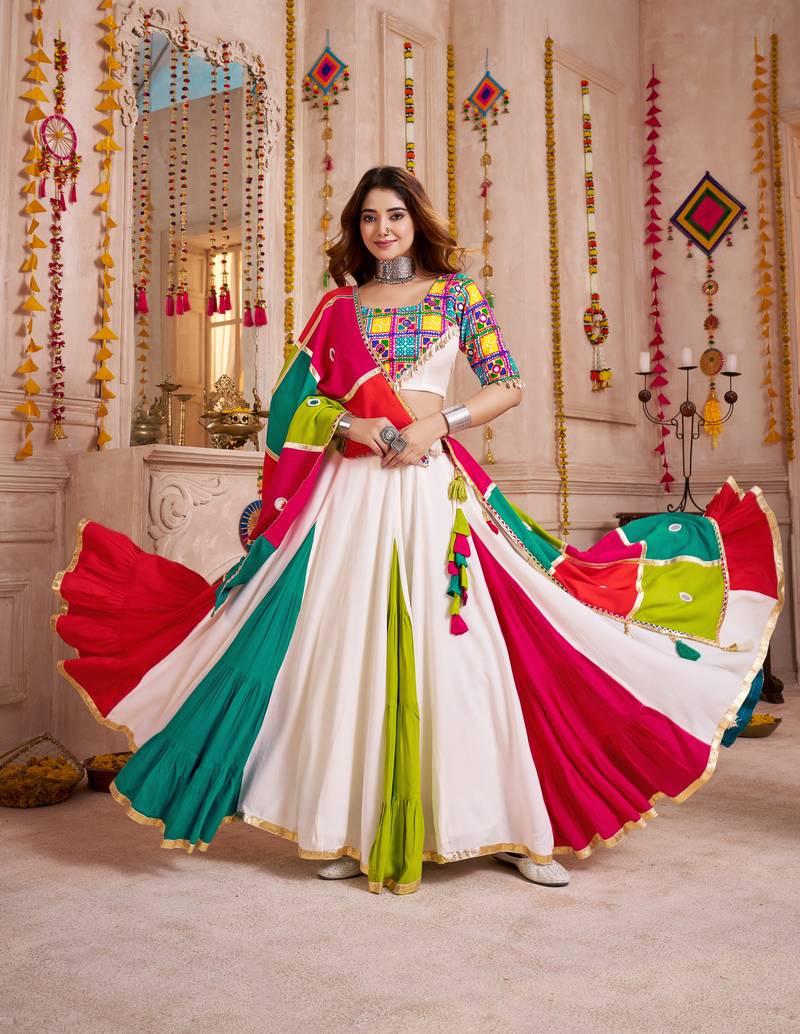 WHITE MULTICOLOR THREAD EMBROIDERED & MIRROR WORK VISCOSE COTTON TRADITIONAL NAVRATRI FESTIVAL STITCHED LEHENGA CHOLI