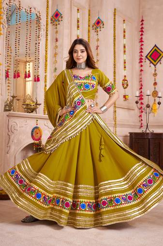 FLUORESCENT GREEN THREAD EMBROIDERED & MIRROR WORK VISCOSE COTTON TRADITIONAL NAVRATRI FESTIVAL STITCHED LEHENGA CHOLI