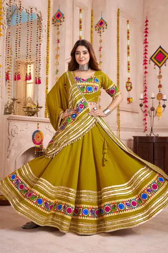 FLUORESCENT GREEN THREAD EMBROIDERED & MIRROR WORK VISCOSE COTTON TRADITIONAL NAVRATRI FESTIVAL STITCHED LEHENGA CHOLI