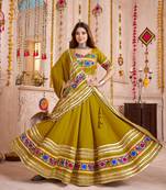 FLUORESCENT GREEN THREAD EMBROIDERED & MIRROR WORK VISCOSE COTTON TRADITIONAL NAVRATRI FESTIVAL STITCHED LEHENGA CHOLI