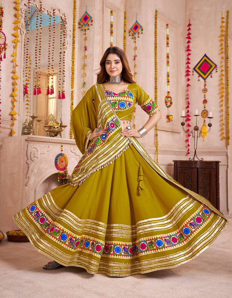 FLUORESCENT GREEN THREAD EMBROIDERED & MIRROR WORK VISCOSE COTTON TRADITIONAL NAVRATRI FESTIVAL STITCHED LEHENGA CHOLI