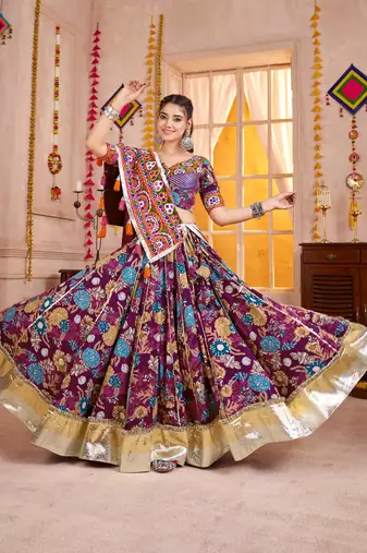 PURPLE KUTCHI EMBROIDERED & MIRROR WORK VISCOSE COTTON TRADITIONAL NAVRATRI FESTIVAL GARBA STITCHED LEHENGA CHOLI