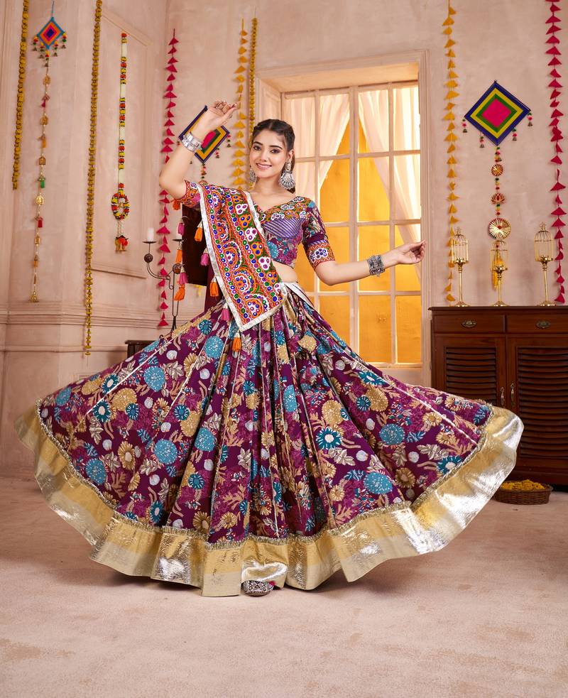 PURPLE KUTCHI EMBROIDERED & MIRROR WORK VISCOSE COTTON TRADITIONAL NAVRATRI FESTIVAL GARBA STITCHED LEHENGA CHOLI