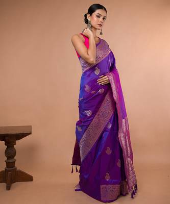 Purple Colour Blended Silk Saree with running blouse piece 4