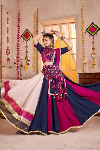 NAVY BLUE RANI KUTCHI EMBROIDERED & MIRROR WORK VISCOSE COTTON TRADITIONAL NAVRATRI FESTIVAL STITCHED LEHENGA CHOLI