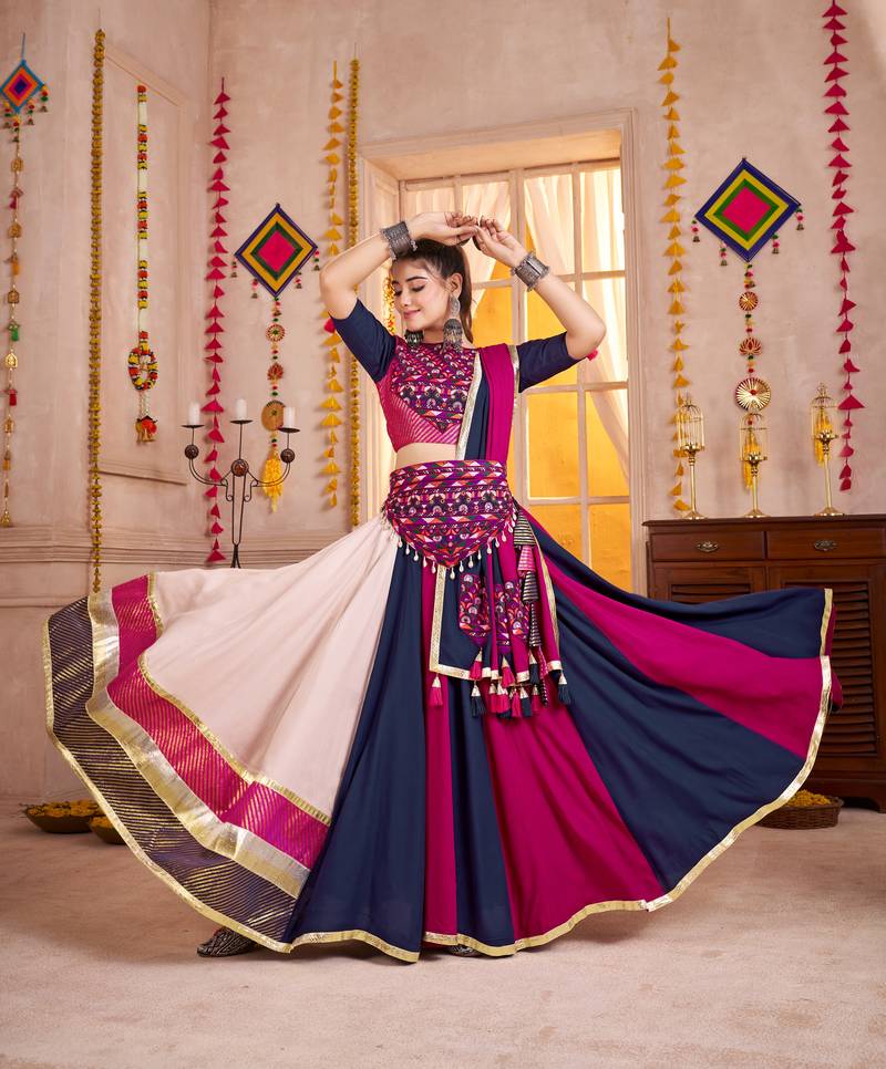 NAVY BLUE RANI KUTCHI EMBROIDERED & MIRROR WORK VISCOSE COTTON TRADITIONAL NAVRATRI FESTIVAL STITCHED LEHENGA CHOLI