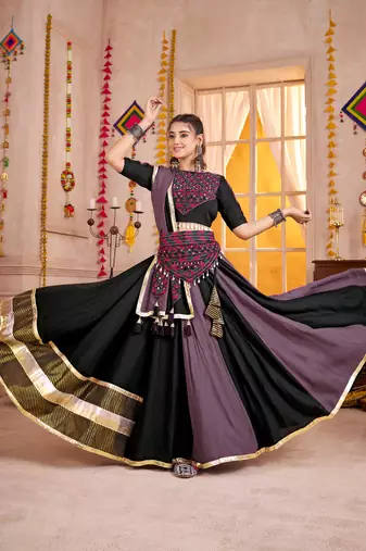 BLACK PURPLE KUTCHI EMBROIDERED & MIRROR WORK VISCOSE COTTON TRADITIONAL NAVRATRI GARBA FESTIVAL STITCHED LEHENGA CHOLI