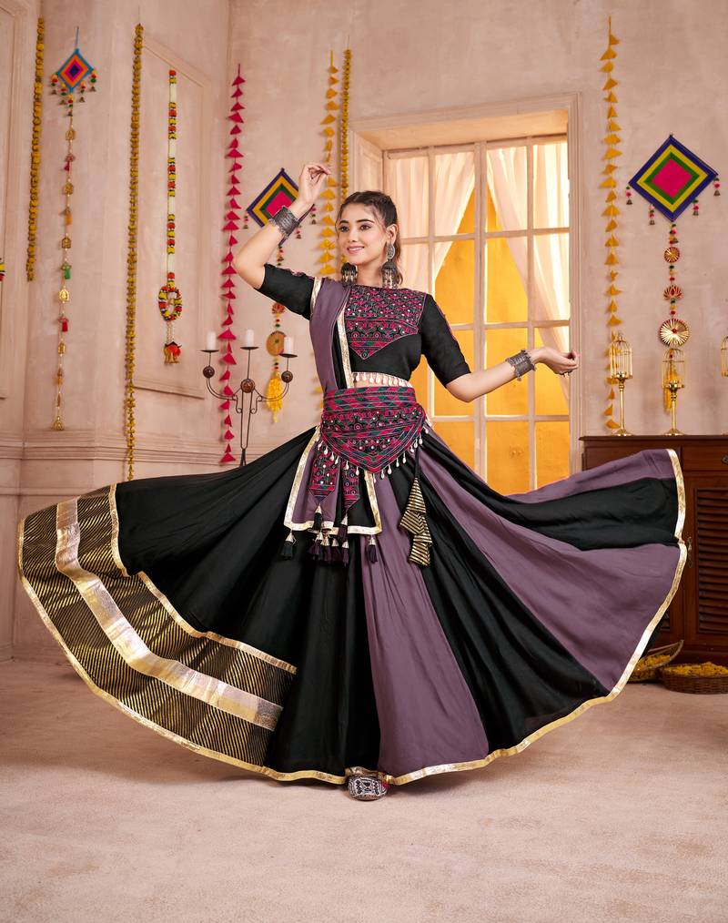 BLACK PURPLE KUTCHI EMBROIDERED & MIRROR WORK VISCOSE COTTON TRADITIONAL NAVRATRI GARBA FESTIVAL STITCHED LEHENGA CHOLI