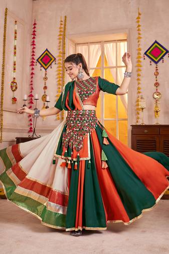 GREEN ORANGE KUTCHI EMBROIDERED & MIRROR WORK VISCOSE COTTON TRADITIONAL NAVRATRI GARBA FESTIVAL STITCHED LEHENGA CHOLI