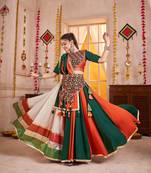 GREEN ORANGE KUTCHI EMBROIDERED & MIRROR WORK VISCOSE COTTON TRADITIONAL NAVRATRI GARBA FESTIVAL STITCHED LEHENGA CHOLI
