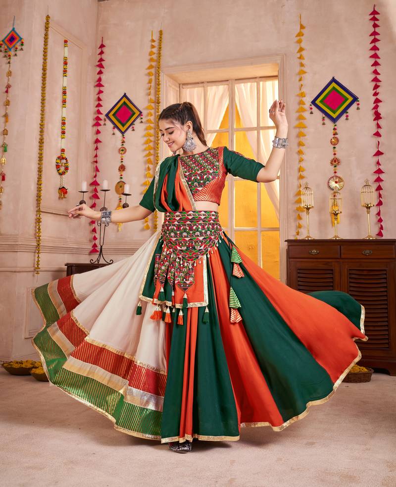 GREEN ORANGE KUTCHI EMBROIDERED & MIRROR WORK VISCOSE COTTON TRADITIONAL NAVRATRI GARBA FESTIVAL STITCHED LEHENGA CHOLI