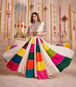 WHITE KUTCHI EMBROIDERED & MIRROR WORK VISCOSE COTTON TRADITIONAL NAVRATRI GARBA FESTIVAL STITCHED LEHENGA CHOLI JACKET