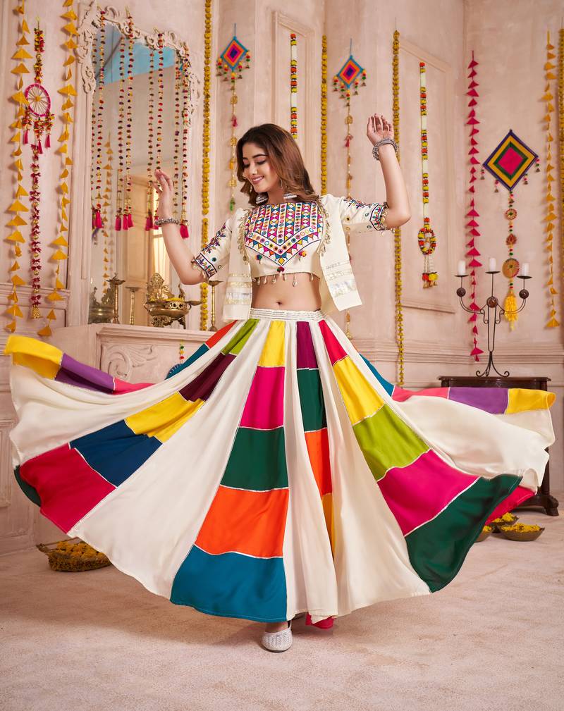 WHITE KUTCHI EMBROIDERED & MIRROR WORK VISCOSE COTTON TRADITIONAL NAVRATRI GARBA FESTIVAL STITCHED LEHENGA CHOLI JACKET