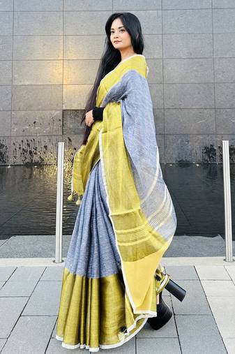 Grey handloom linen with gold zari border
