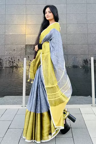 Grey handloom linen with gold zari border