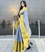 Grey handloom linen with gold zari border