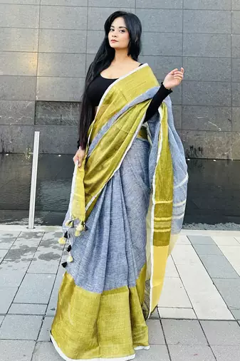 Grey handloom linen with gold zari border