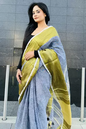 Grey handloom linen with gold zari border
