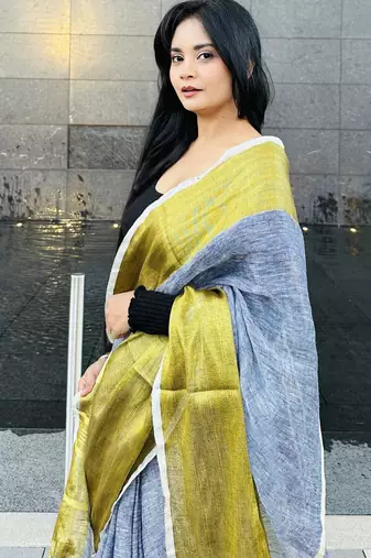 Grey handloom linen with gold zari border