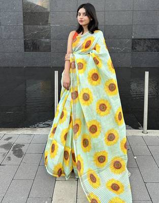 Digital printed  handloom silk linen saree 1