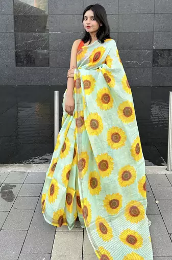 Digital printed  handloom silk linen saree