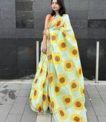 Digital printed  handloom silk linen saree