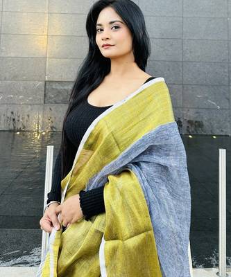 Grey handloom linen with gold zari border 5