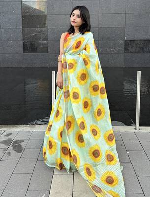 Digital printed  handloom silk linen saree 2