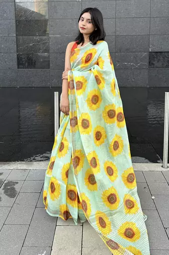 Digital printed  handloom silk linen saree