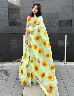 Digital printed  handloom silk linen saree 3