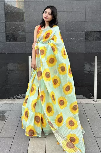 Digital printed  handloom silk linen saree
