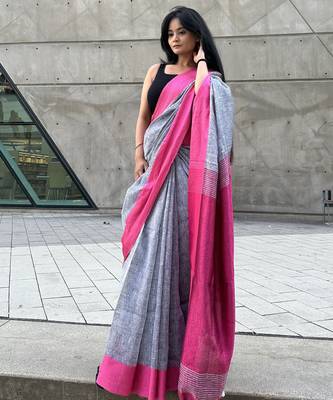 Grey handloom linen with contrast pink border 1
