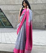 Grey handloom linen with contrast pink border