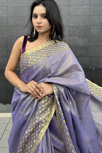 Hand embroidered sequins work - tissue linen saree