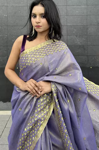 Hand embroidered sequins work - tissue linen saree