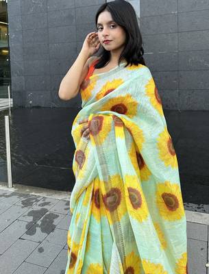 Digital printed  handloom silk linen saree 4
